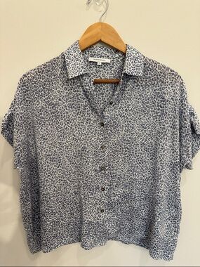 Olivaceous Blue and White Leopard-Print Short Sleeve Button-Up Shirt